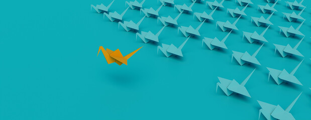 Yellow Origami Bird Leading the Group. Clean Manager Concept on Turquoise Background with Copy Space.