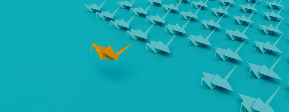 Yellow Origami Bird Leading the Group. Clean Manager Concept on Turquoise Background with Copy Space.