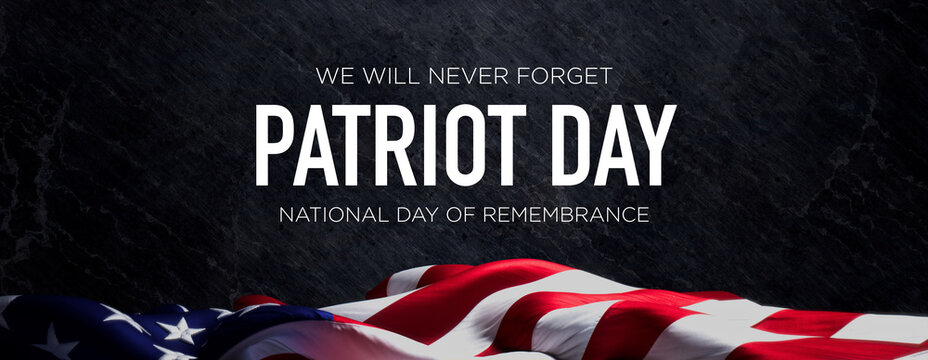 American Flag Banner with Patriot Day Caption on Black Slate. Authentic Holiday Background.