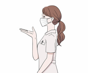 案内をするマスクをつけた看護師