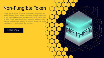 NFT concept, blockchain technology, cryptocurrency. Non-fungible token Work. Futuristic background, with elements in techno style microchips. Banner template design for web. Copyspace.