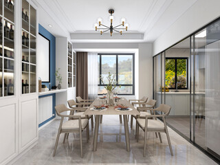 3D rendering, warm dining room area design, wooden table and chair