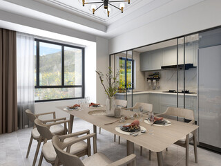 3D rendering, warm dining room area design, wooden table and chair