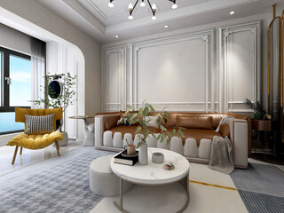 3D rendering, clean and tidy modern living room design, entrance with shoe cabinet, sofa, TV, table, leisure chair and other facilities