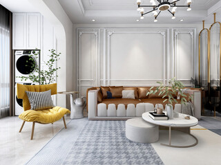 3D rendering, clean and tidy modern living room design, entrance with shoe cabinet, sofa, TV, table, leisure chair and other facilities