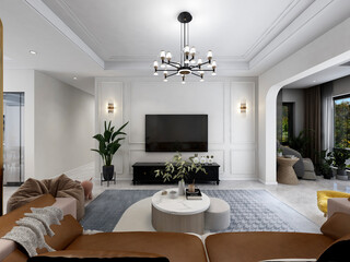 3D rendering, clean and tidy modern living room design, entrance with shoe cabinet, sofa, TV, table, leisure chair and other facilities