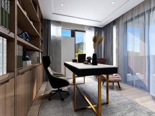 3D rendering, spacious modern residential study design, 