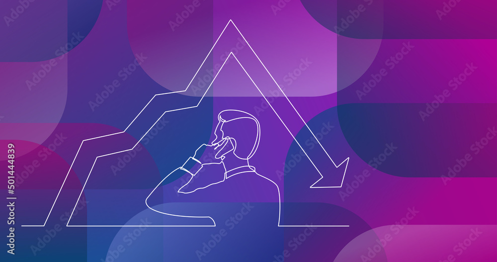 Poster continuous line drawing of man talking on mobile pnone about decreasing graph