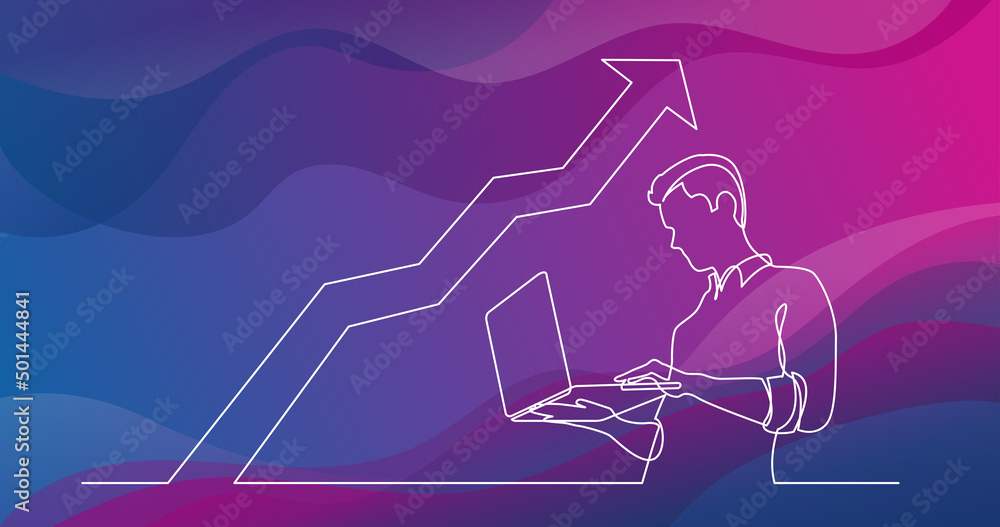 Poster continuous line drawing of man watching laptop computer increasing graph