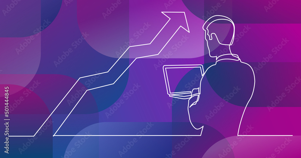 Poster continuous line drawing of man watching laptop computer at increasing graph