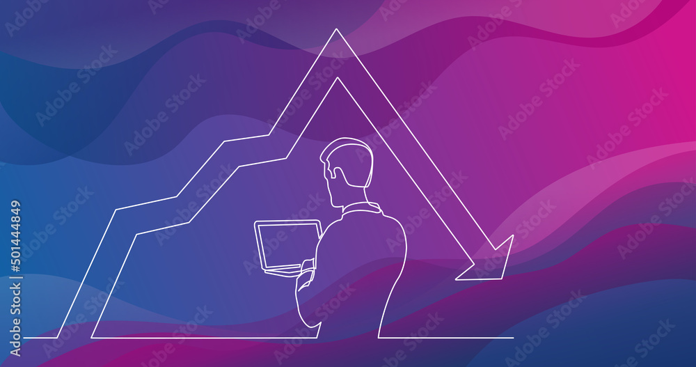 Poster continuous line drawing of man watching laptop computer with decreasing graph