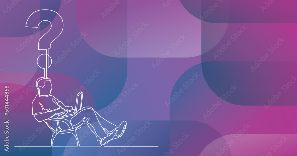 Poster continuous line drawing of man sitting working on laptop computer on a question