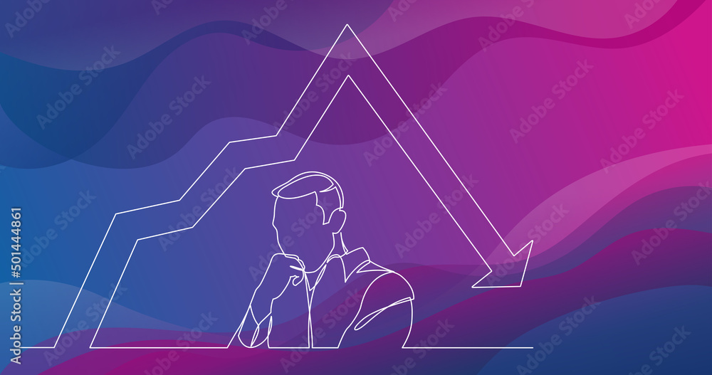 Poster continuous line drawing of worried man with decreasing graph