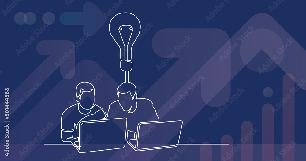 Poster continuous line drawing of two men sitting with laptop computers talking about idea