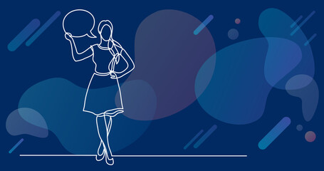 continuous line drawing of business situation - standing woman presenting her opinion