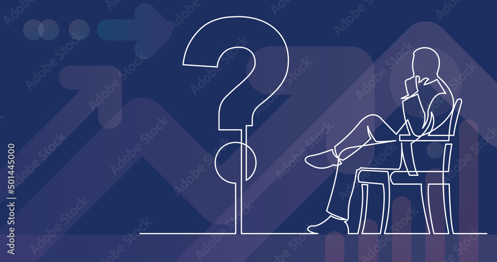 Poster continuous line drawing of businessman sitting thinking about a question