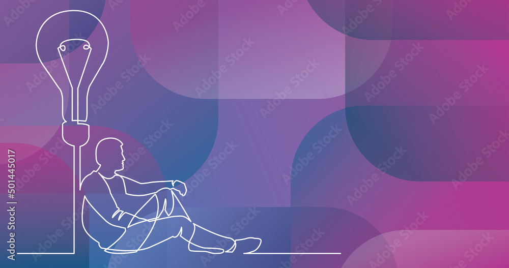 Poster continuous line drawing of sitting man with some idea