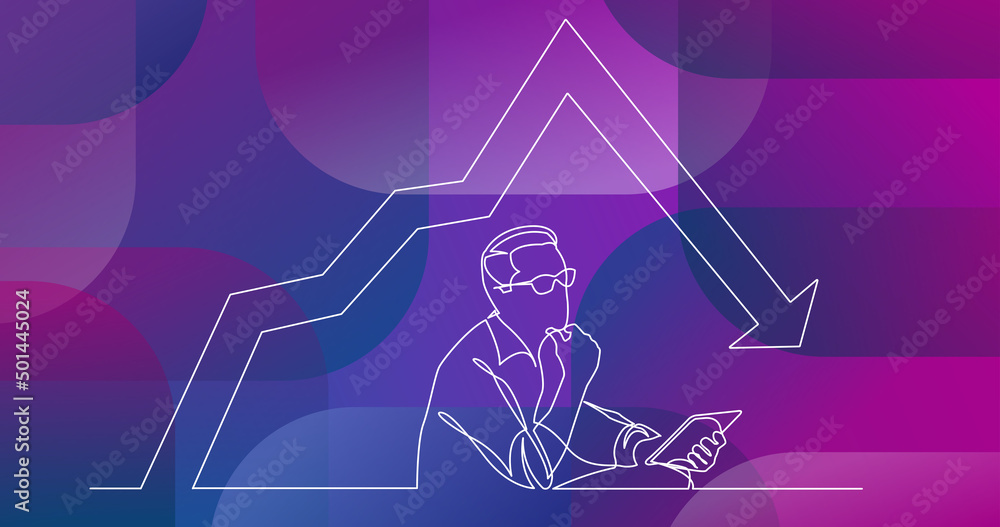 Poster continuous line drawing of analyzing businessman with decreasing graph