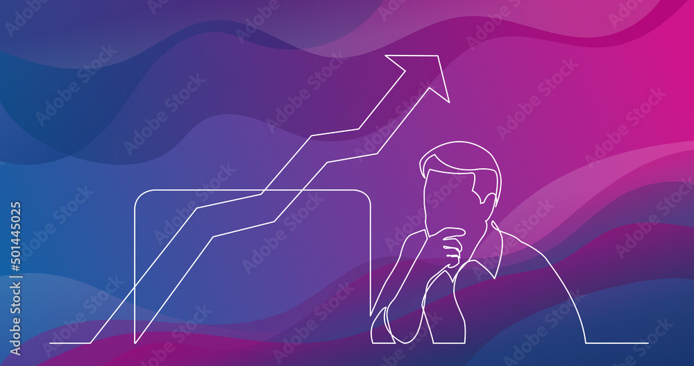 Poster continuous line drawing of office worker analyzing growing graph on computer screen