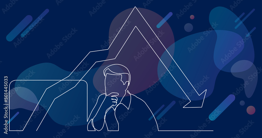 Poster continuous line drawing of office worker analyzing decreasing graph on computer screen