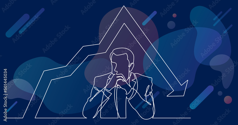 Poster continuous line drawing of seriously thinking man with decreasing graph