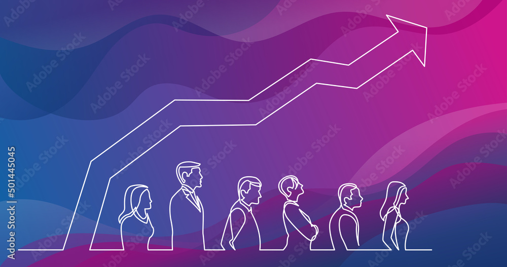 Poster continuous line drawing of people standing in line with increasing graph