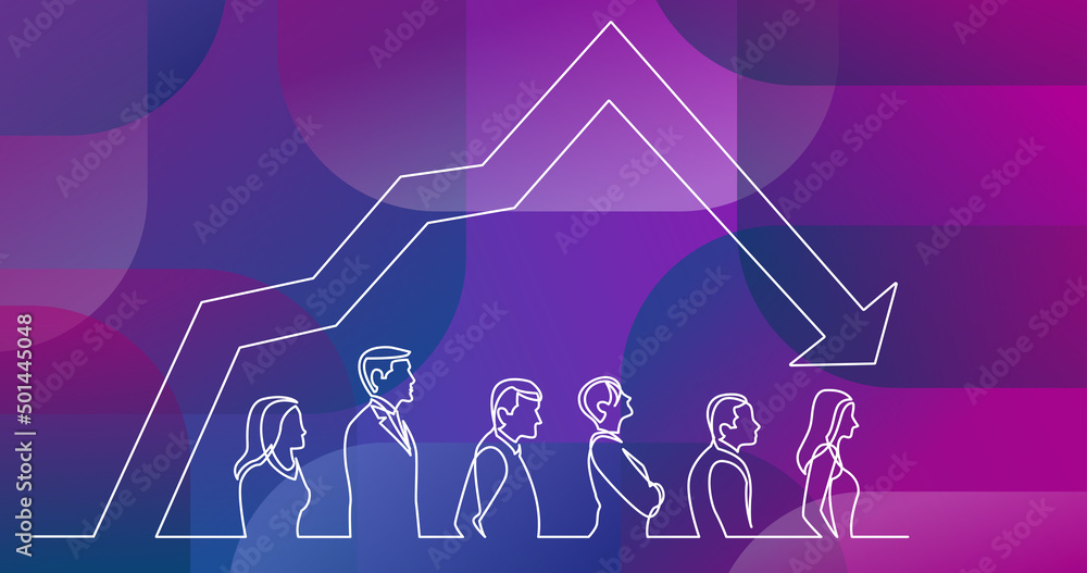 Poster continuous line drawing of people standing in line with decreasing graph