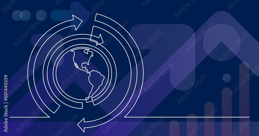 Poster continuous line drawing of world planet with spinning arrows