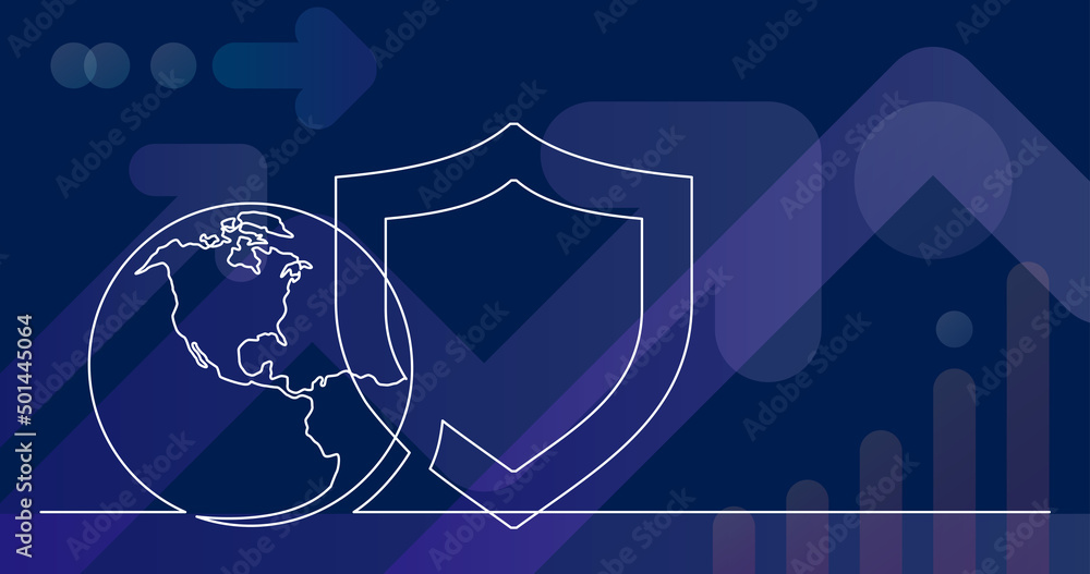 Poster continuous line drawing of world planet with protection security shield icon