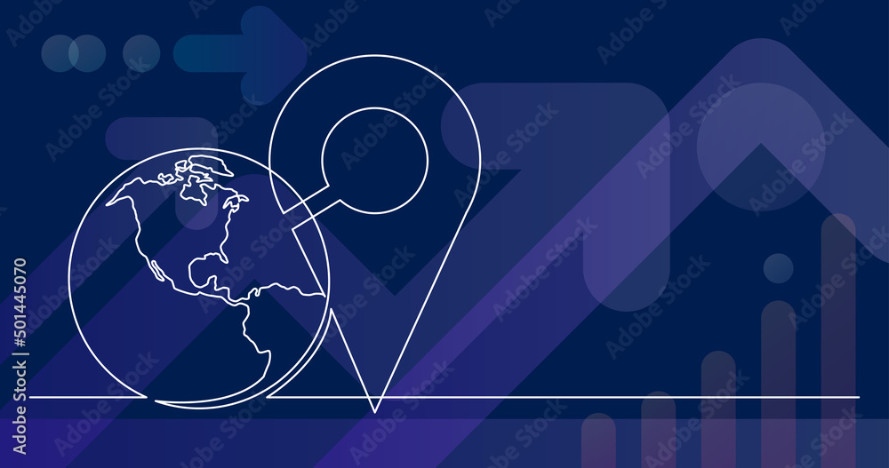 Poster continuous line drawing of world planet with location icon