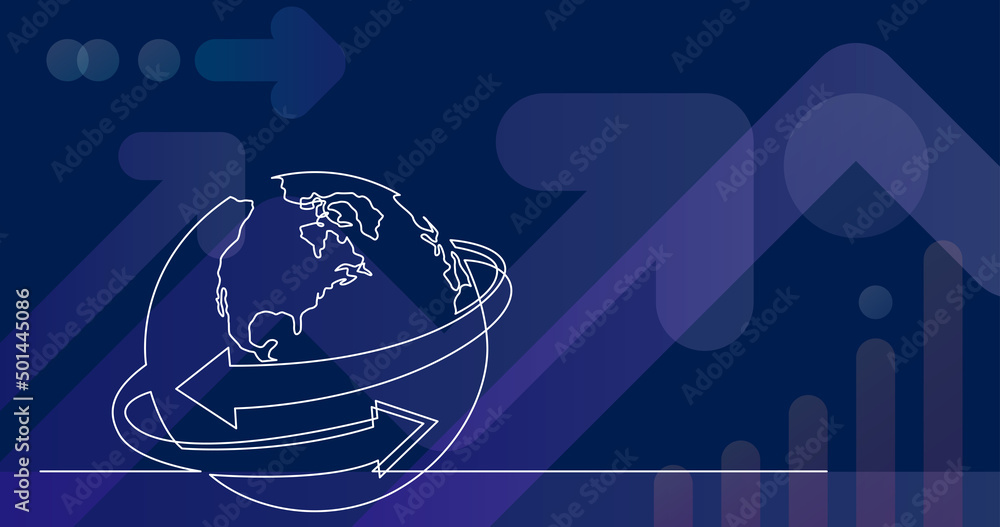 Poster continuous line drawing of world planet with connection arrows