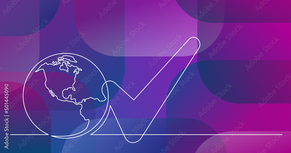 Poster continuous line drawing of world planet with checked mark icon