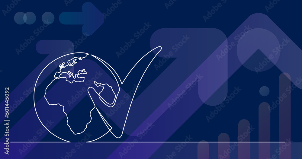 Poster continuous line drawing of world planet with checked mark icon