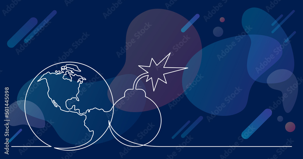 Poster continuous line drawing of world planet with bomb with firing fuze