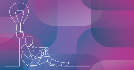 continuous line drawing of sitting man with some idea