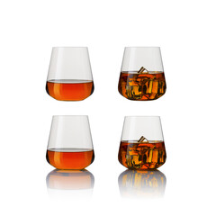 set of whiskey glasses. Collage glasses of whiskey on white background. Banner design