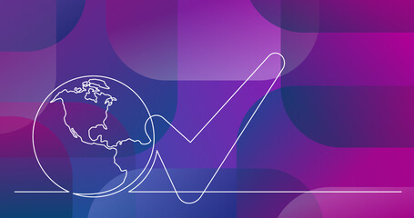 continuous line drawing of world planet with checked mark icon