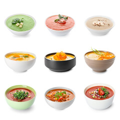 Set of tasty cream soups in bowls on white background