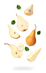 Falling ripe pears and leaves isolated on white