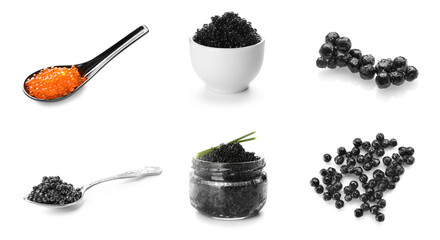 Set of delicious red and black caviar on white background
