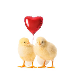 Cute little chicks with heart-shaped balloon isolated on white