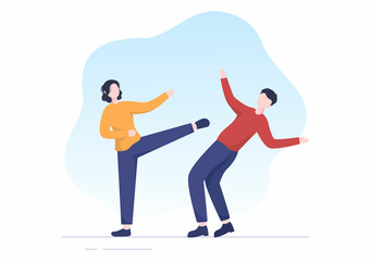 Self Defense Practice and Martial Arts Training for Fighting Criminals in battle on Flat Cartoon Vector Illustration