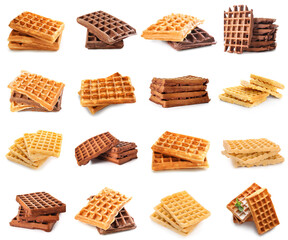 Set of tasty Belgian waffles isolated on white