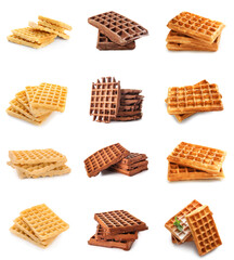 Set of tasty Belgian waffles isolated on white