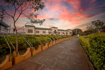 old headquarters and sunset