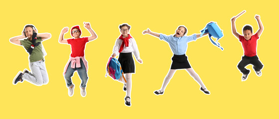 Different jumping children on yellow background