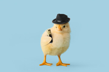 Funny little chick in stylish hat and with microphone on light blue background