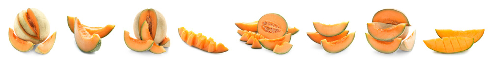 Set of ripe cut melon isolated on white - obrazy, fototapety, plakaty