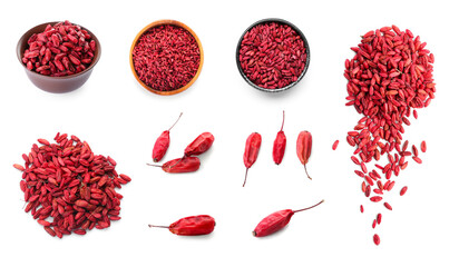 Set of dried barberries on white background