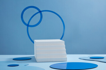 Front view of white podium decorated in blue background 